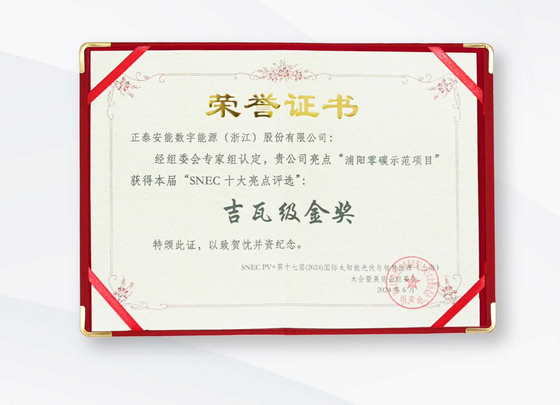 2024SNEC吉瓦級(jí)金獎(jiǎng)獎(jiǎng)狀